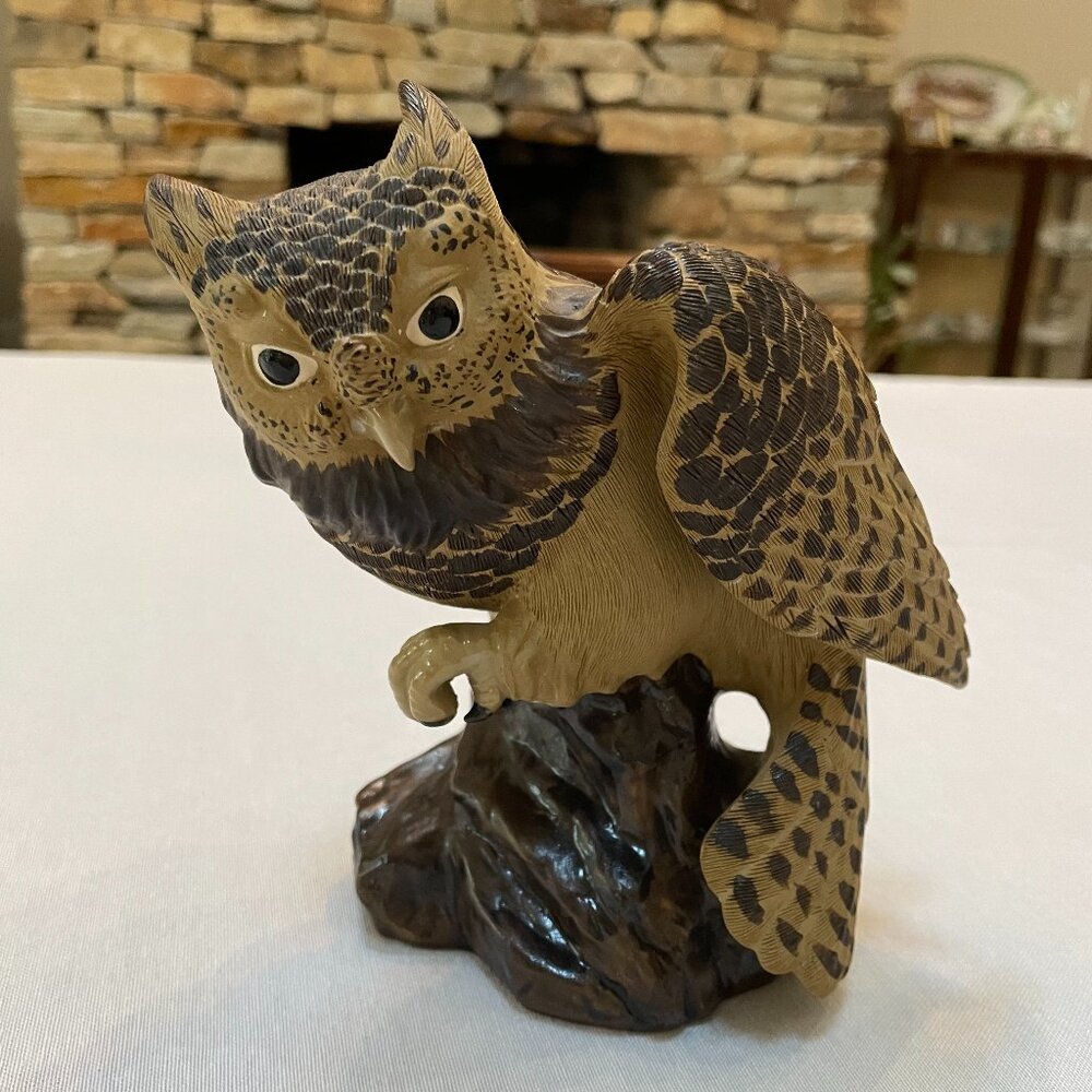 Vintage Circa 1970 Chinese Shiwan Art Pottery Screech Owl Figurine - 6.5" Tall